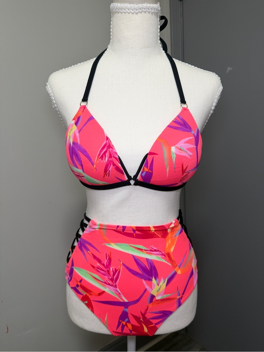 PINK Victoria's Secret Neon Pink Tropical High-Rise Bikini Set